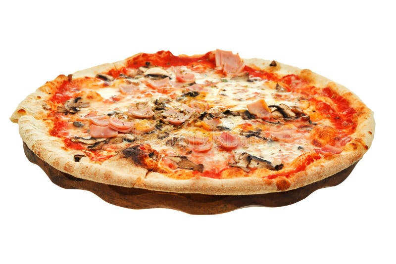 Italian pizza with mushrooms and ham on wood board