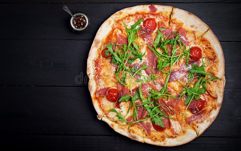 Italian Pizza. Prosciutto Di Parma. Top View, Overhead Stock Photo