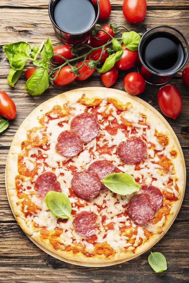 Italian Pizza with Tomato and Salami Stock Photo Image of homemade