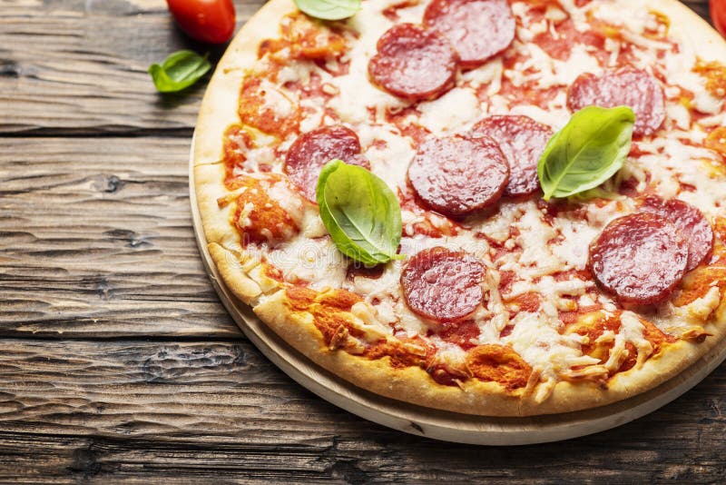 Italian Pizza with Tomato and Salami Stock Image Image of mozzarella
