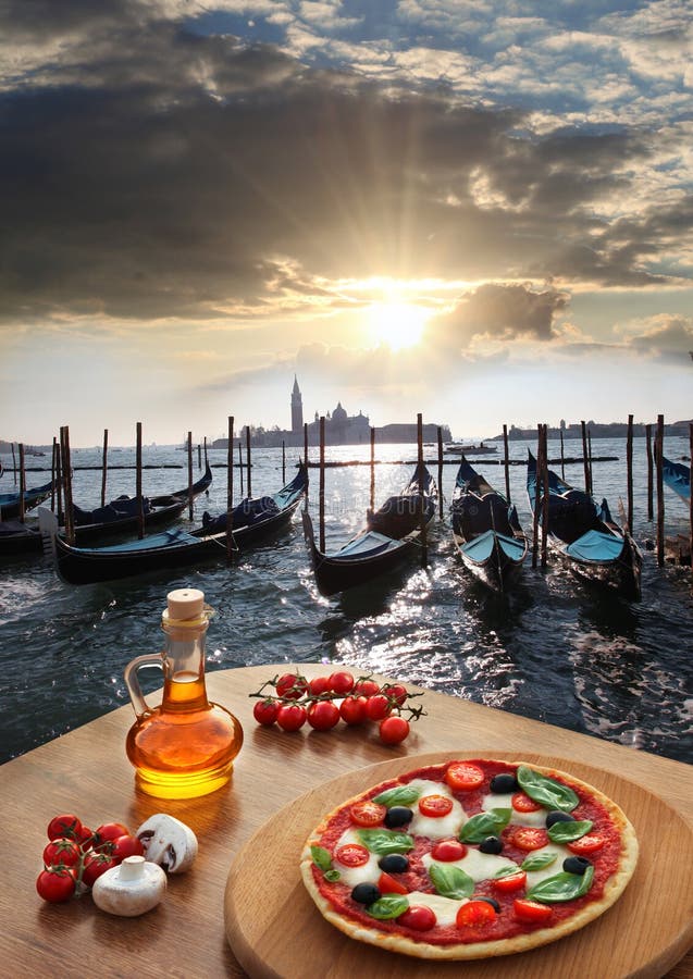 Italian Pizza in Venice Against Canal, Italy Stock Photo - Image of