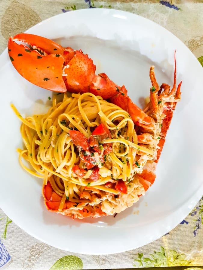 Italian Seafood Pasta - Spaghetti with Big Lobster. Close Up. Calabrian ...