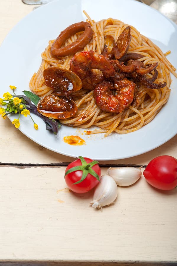 Italian Seafood Spaghetti Pasta on Red Tomato Sauce Stock Image - Image ...