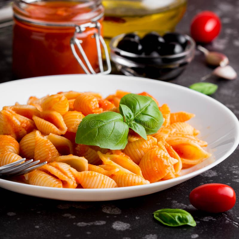 Italian Shell Pasta with Tomato Sauce, Olives and Basil, Classic Stock
