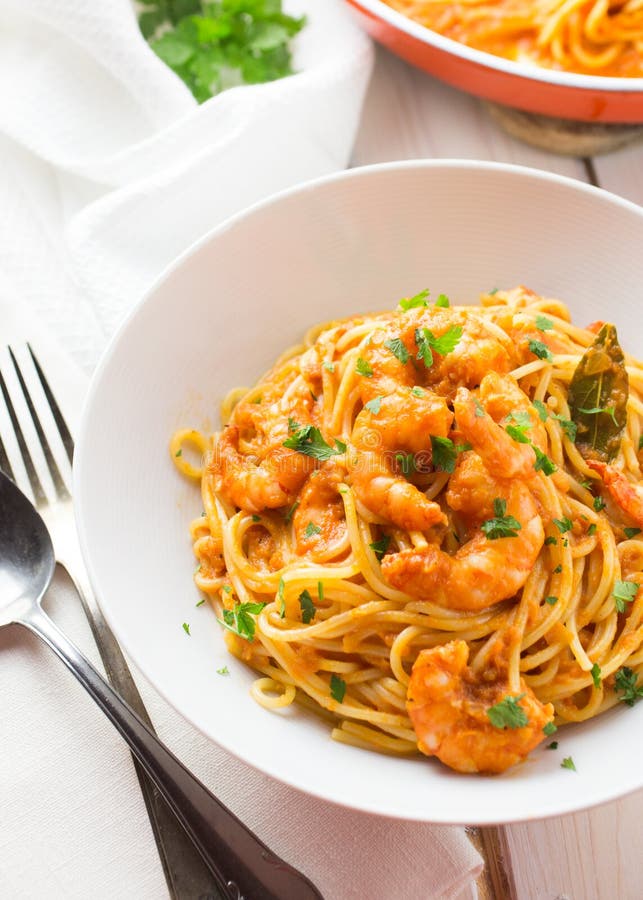 Italian Shrimp and Tomato Sauce Pasta Stock Photo Image of close