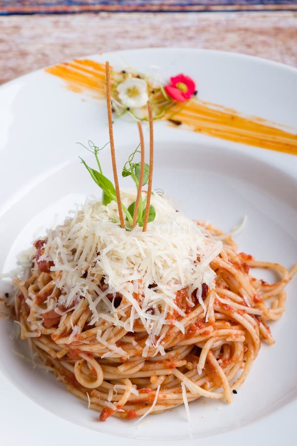 Spaghetti amatriciana stock photo. Image of herbs, tomato 139573342