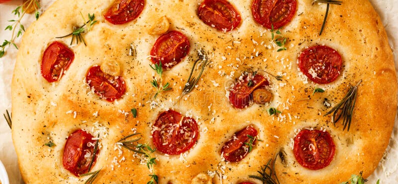 Italian Traditional Focaccia Bread Baking with with Cherry Tomatoes ...