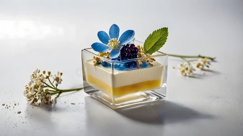 Italian Vanilla Panna Cotta Dessert cu cuburi de jeleu albastru mure și flori comestibile în borcan de sticlă stock illustration