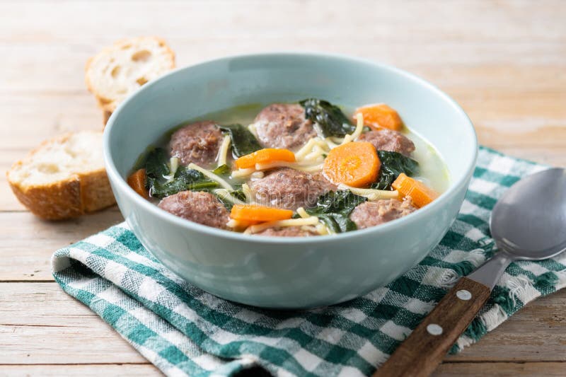 Italian Wedding Soup with Meatballs and Spinach Stock Image - Image of