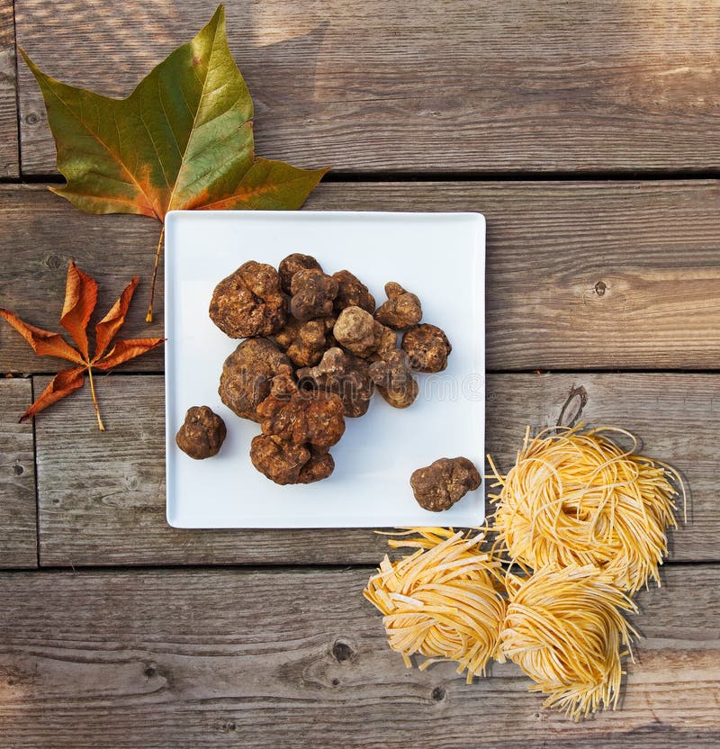 Group of Italian white truffles and homemade pasta. Group of Italian white truffles and homemade pasta