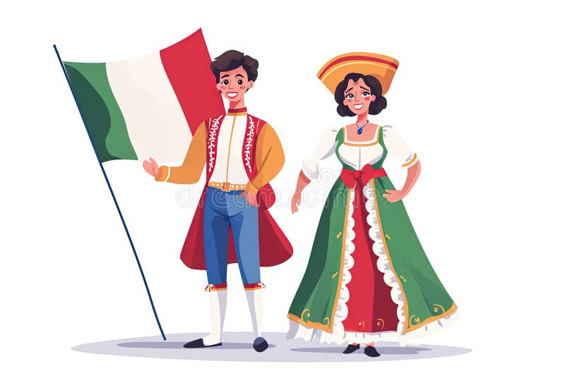 Italians in National Dress with a Flag. Man and Woman in Traditional ...
