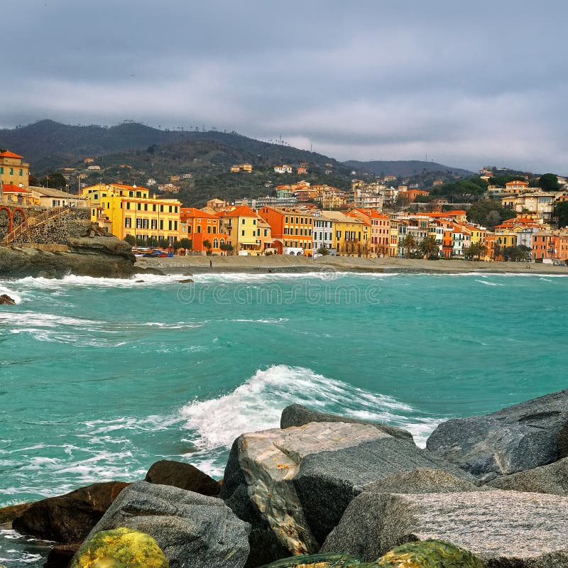 Italian colored homes on the Mediterranean coast in Celle Ligure. Italian colored homes on the Mediterranean coast in Celle Ligure