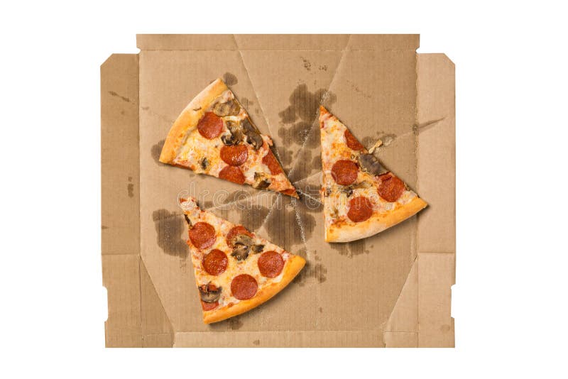 italienische Küche Pizza Pepperoni Salami und Pilze Pizzastücke in geöffneter Box, auf weißem Grund isoliert lizenzfreies stockbild italienische Küche Pizza Pepperoni Salami und Pilze Pizzastücke in geöffneter Box, auf weißem Grund isoliert lizenzfreies stockbild
