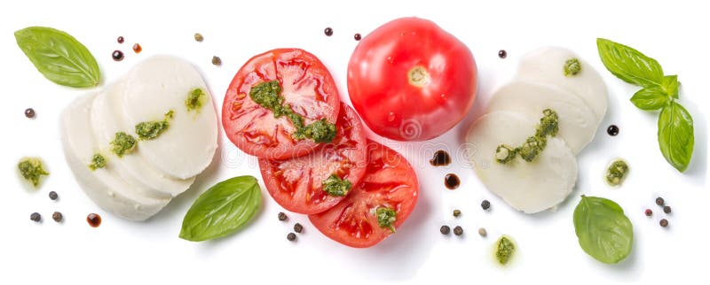 Italienisches Küchekonzept - caprese Salatbestandteile lokalisiert auf Weiß lizenzfreies stockfoto Italienisches Küchekonzept - caprese Salatbestandteile lokalisiert auf Weiß lizenzfreies stockfoto