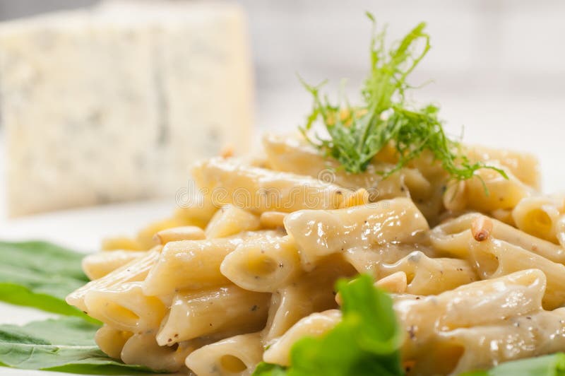 Italiensk pastapenne gorgonzola och sörjer tokigt arkivbild Italiensk pastapenne gorgonzola och sörjer tokigt arkivbild