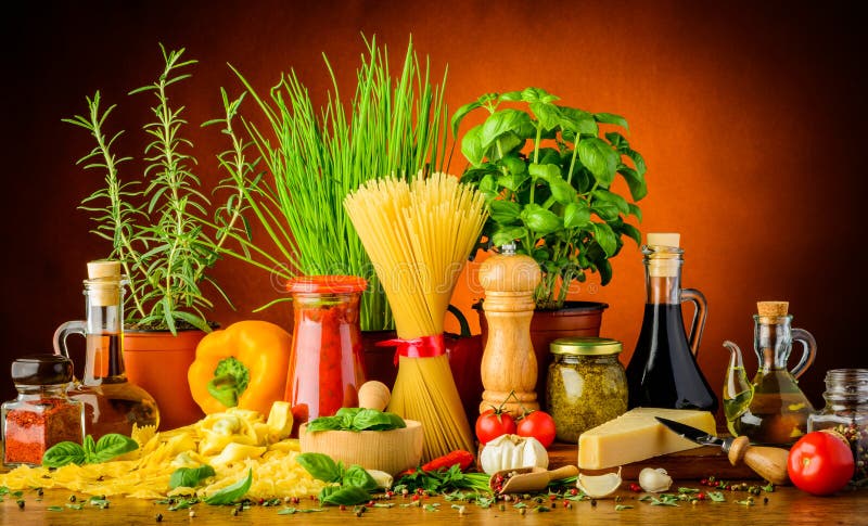 Still life with traditional italian pasta ingredients, herbs and spices. Still life with traditional italian pasta ingredients, herbs and spices