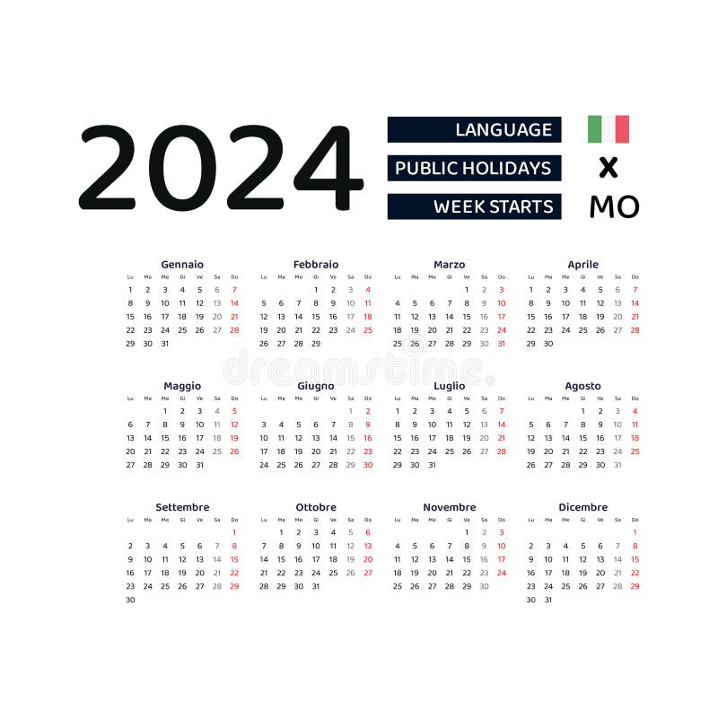 Italy Calendar 2024. Week Starts from Monday. Vector Graphic Design