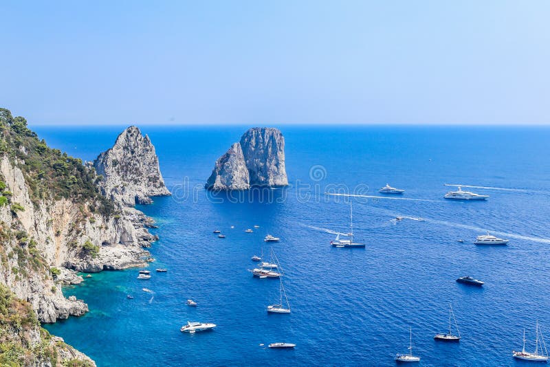 Italy. Capri Island. Faraglioni rock formation seen from Gardens of Augustus