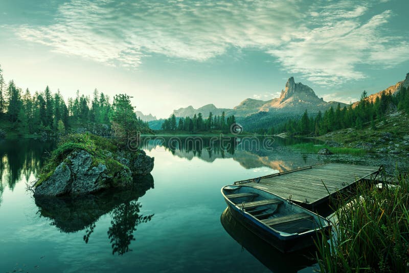 Italy, Dolomites - the beautiful lake at dawn to reveal a bluish green world