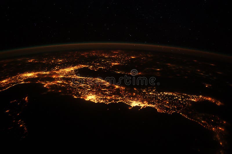 Italy electric lights map at night. City lights. Map of Italy. Satellite view