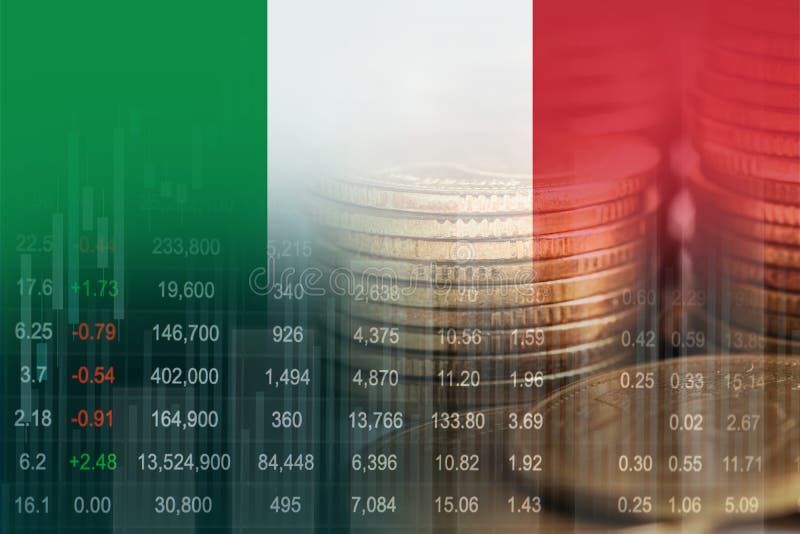 Italy flag with stock market finance, economy trend graph digital technology