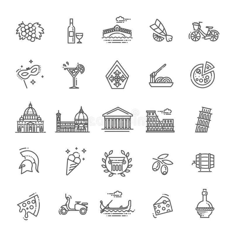 Italy icons set. Tourism and attractions, thin line design. stock illustration Italy icons set. Tourism and attractions, thin line design. stock illustration