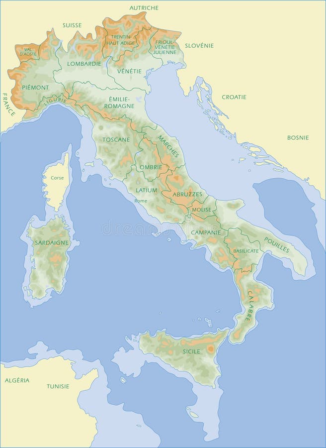 Mapa Talianska s názov oblasti vo francúzštine.