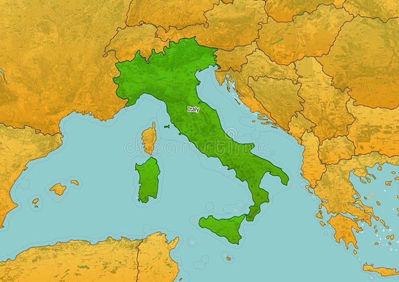 Italy map showing country highlighted in green color with rest of European countries in brown.