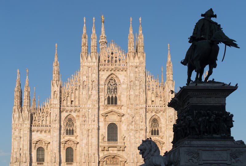 Italy, Milan, Cathedral with equestrian statue Vittorio Emanuele II in the evening light royalty free stock image Italy, Milan, Cathedral with equestrian statue Vittorio Emanuele II in the evening light royalty free stock image