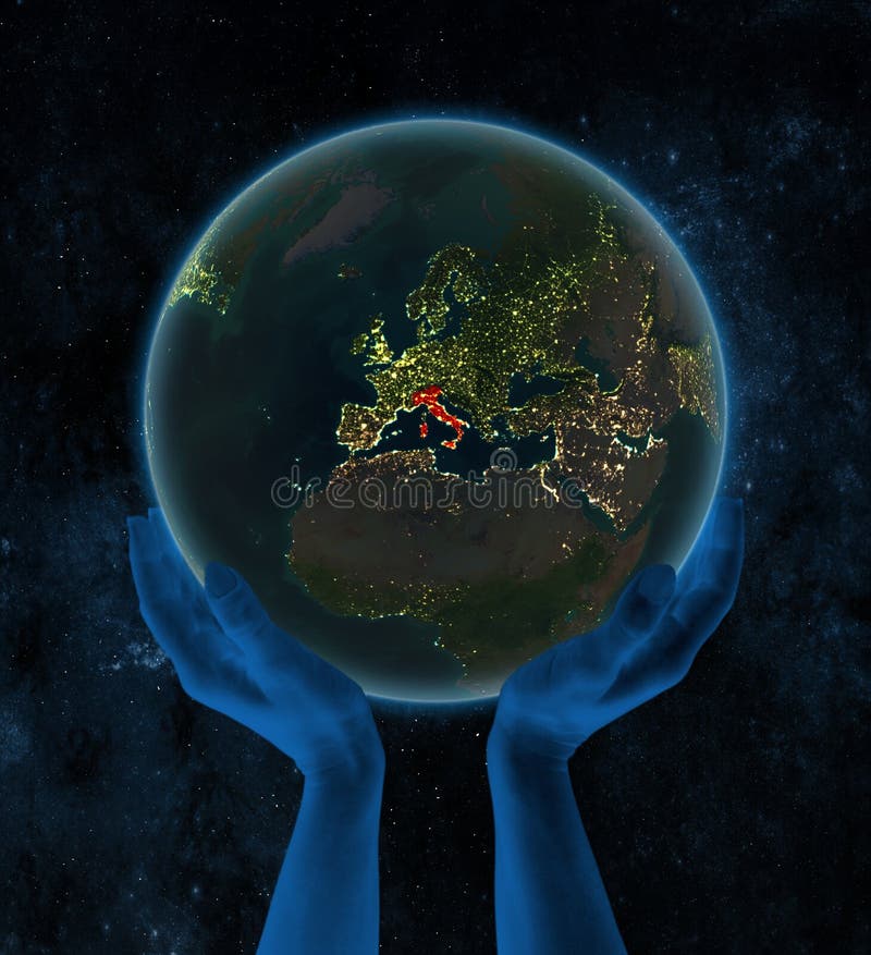 Italy on night Earth in hands in space vector illustration