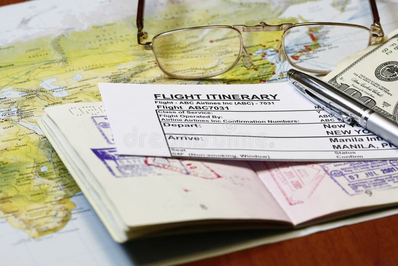 Plane e-ticket itinerary with map and eyeglass. Plane e-ticket itinerary with map and eyeglass