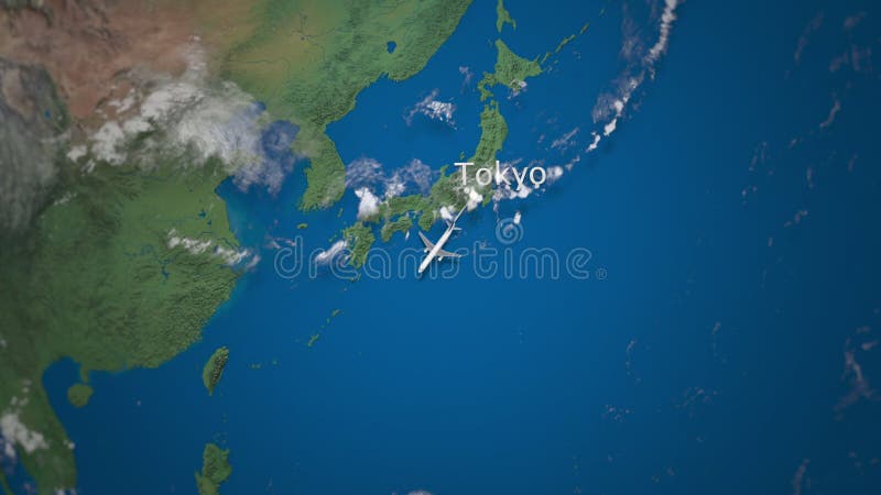 Itinerario del volo commerciale dell'aeroplano da Tokyo a Jakarta sul globo della terra Animazione internazionale di introduzione illustrazione di stock Itinerario del volo commerciale dell'aeroplano da Tokyo a Jakarta sul globo della terra Animazione internazionale di introduzione illustrazione di stock