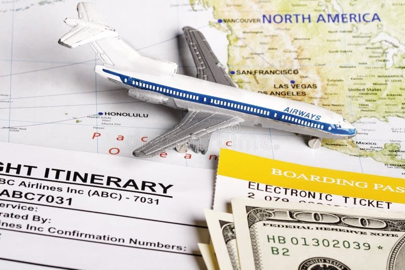 Flight itinerary to usa with toy airplane and map of usa. Flight itinerary to usa with toy airplane and map of usa.