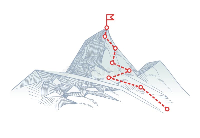 Itinerario di scalata di montagna da alzare Percorso di viaggio di affari in corso al concetto di vettore di successo