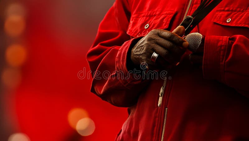 With its palm facing outward, a raised hand grasps a microphone standing out against a deep red background royalty free stock photo