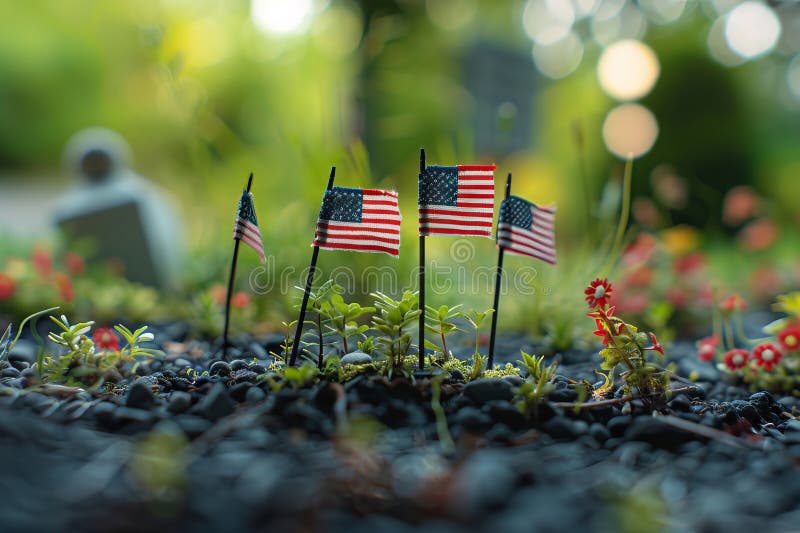 Ittybitty Memorial Day Scene with Miniature Flags Flying at Halfmast