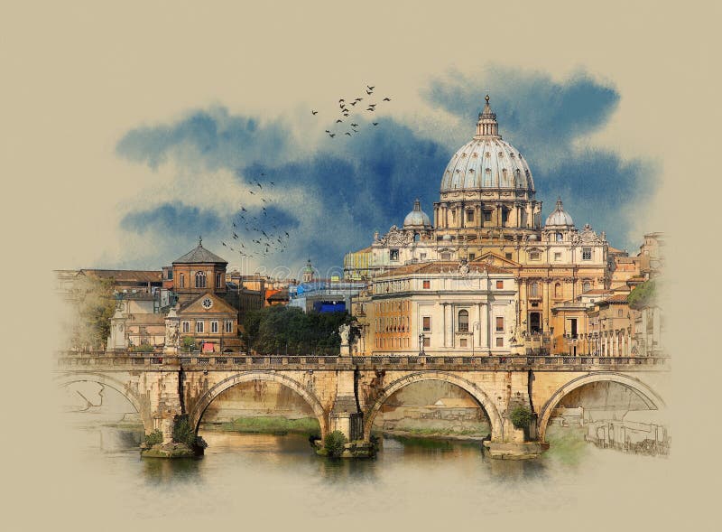 Itália, ideia do panorama Cidade Estado do Vaticano de Ponte Umberto mim em Roma, esboço da aquarela, fotos de stock Itália, ideia do panorama Cidade Estado do Vaticano de Ponte Umberto mim em Roma, esboço da aquarela, fotos de stock