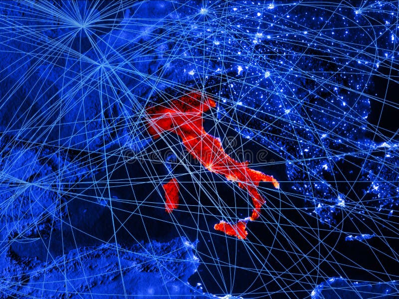 Itália no mapa digital azul com redes Conceito do curso internacional, da comunicação e da tecnologia ilustração 3D elementos ilustração stock Itália no mapa digital azul com redes Conceito do curso internacional, da comunicação e da tecnologia ilustração 3D elementos ilustração stock