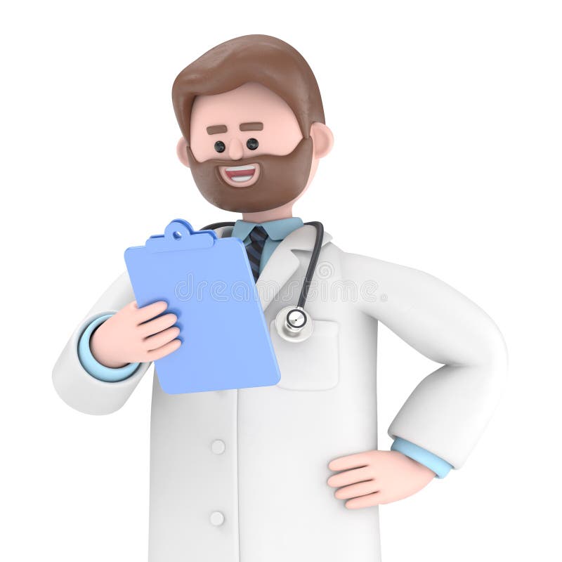 Iverson, una ilustración en 3D de un médico macho, sostiene el portapapeles.. stock de ilustración