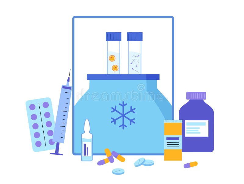 Female and male egg cell cryopreservation in tube. Sperm and ovum concept. Fertilisation, gynecology testing. Man and woman sexual reproductive system. Medical poster. IVF flat vector illustration. Female and male egg cell cryopreservation in tube. Sperm and ovum concept. Fertilisation, gynecology testing. Man and woman sexual reproductive system. Medical poster. IVF flat vector illustration.