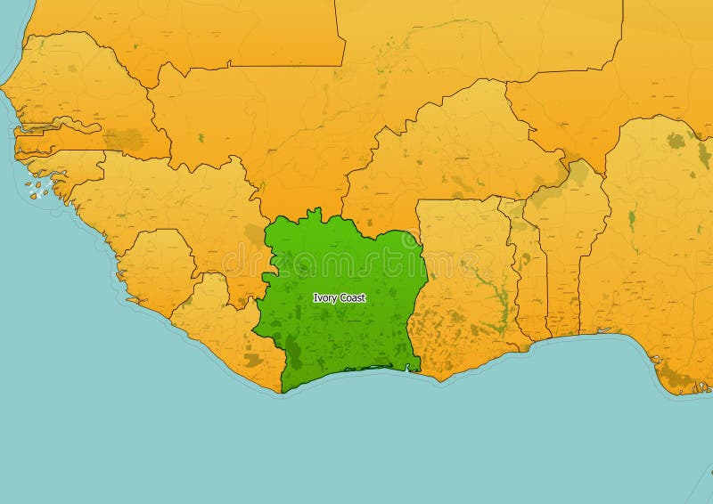 Ivory Coast Map Showing Country Highlighted in Green Color with Rest of