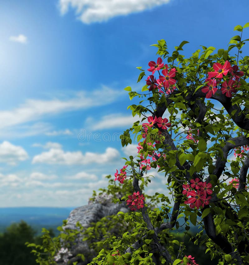 3D render of beautiful flowers ivy close up among castle ruins on top of a hill. 3D render of beautiful flowers ivy close up among castle ruins on top of a hill