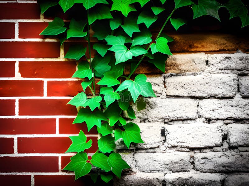 Ivy leaves on brick wall background, vector illustration.