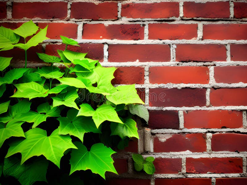 Ivy leaves on brick wall background, stock illustration.