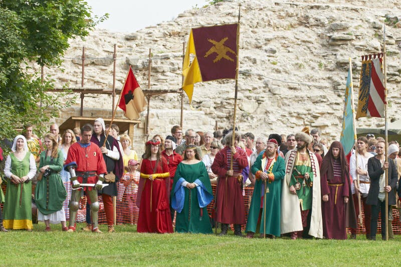 IZBORSK, RUSSIA - AUGUST 6: Unidentified men in a knightly armor take part in festival Iron hailstones on August, 6 2011 in Izborsk, the Pskov area, Russia.