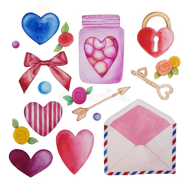 Izolated Watercolor colorful hearts. Light and soft tints of pink, blue, red.