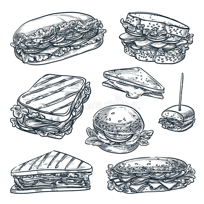 Izolowany zestaw kanapek. ilustracja wektora przekąsek fast food. cafe lunche menu ręcznie rysowane vintage design elementów