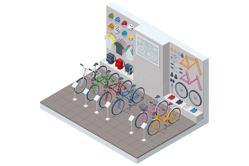 Izometryczna ilustracja sklepu rowerowego z różnymi częściami zamiennymi rowerów i akcesoriami rowerowymi na royalty ilustracja