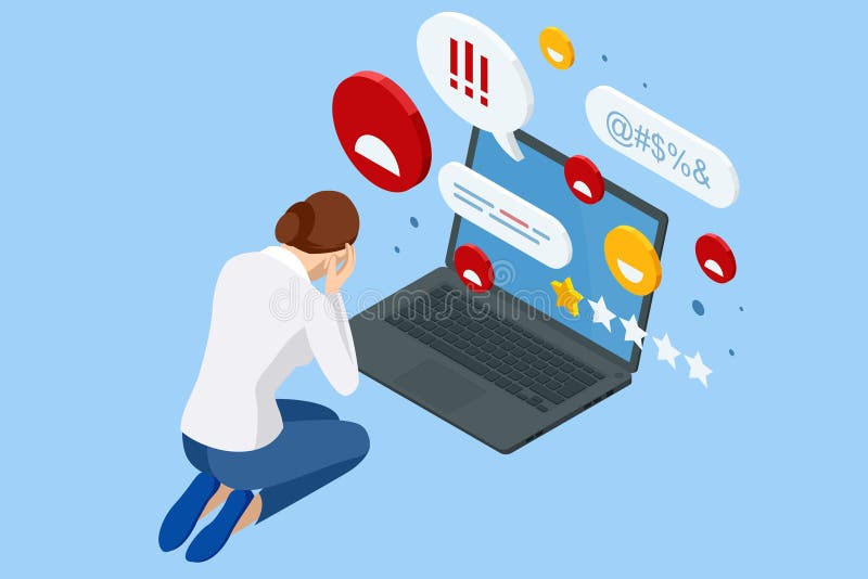 Isometric Cyberbullying or Bad Influence on the Internet. Cyberbullying Victim. Young Woman Crying in Front of Laptop Screen Due to Haters Messages. Isometric Cyberbullying or Bad Influence on the Internet. Cyberbullying Victim. Young Woman Crying in Front of Laptop Screen Due to Haters Messages