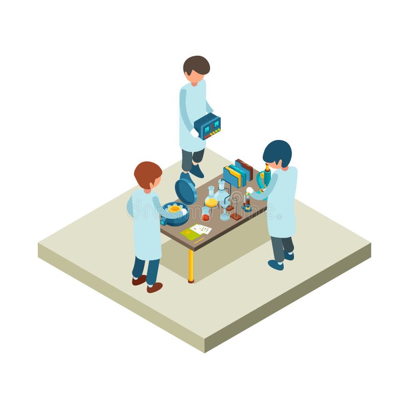 Izometryczne laboratoryjne Laboratorium chemiczne z różnymi elementami - toksycznymi fiolkami z cieczami - wektor mikroskopowy ilustracji